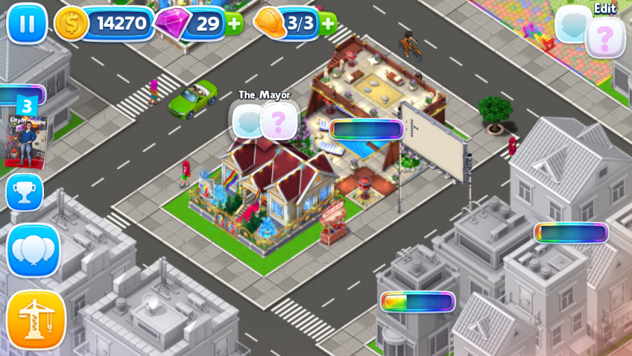 Pridefest screenshot showing the rainbow-decorated city hall.